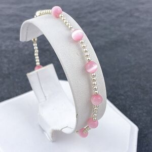 Vintage Jordan Sterling Silver 925 Pink Synthetic Cat's Eye Beaded Bracelet 7.5"